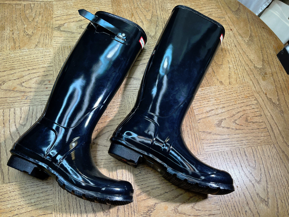Women Hunter Original Tall Gloss Rain Boots Black Waterproof Knee High Sz  NEW - Main Image