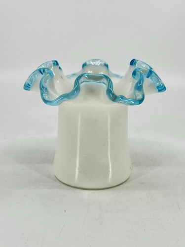 1940's Fenton Aqua Crest Top Hat Tulip Vase with Crimped Clear Blue Rim VTG - Picture 6 of 10