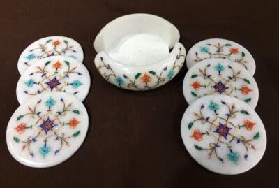  Marble Inlay Coaster Set Of 6 Tile For Kitchen Use Semi-Precious Stone Inlaid