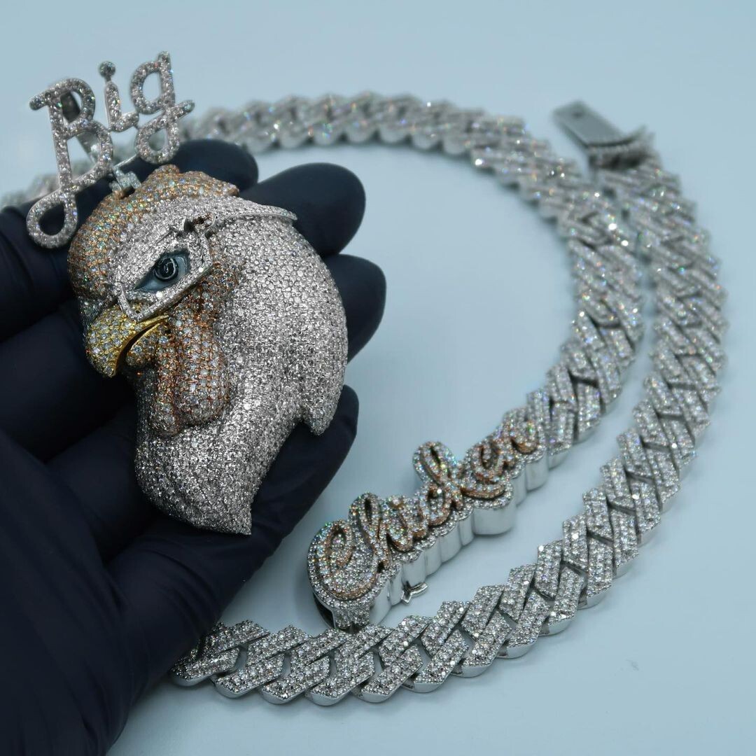 Cadena Cubana Pollo Grande Personalizada Moissanita Corte Redondo 30Ct 925 Astilla Esterlina