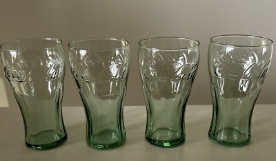 4 LIGHT GREEN COCA COLA JUICE GLASSES 4.25 INCHES HOLDS 6 OZS