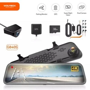WOLFBOX Caméras miroir de voiture Dash Cam 12"4k WDR Vue avant et arrière avec libre SD