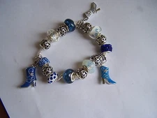 Beautiful Brand New Custom Made European Charm Cowboy Boot Bracelet, Blue & Whit