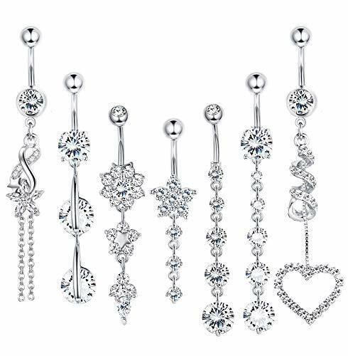 10Pcs 14G Stainless Steel CZ Dangle Belly Button Rings Navel Rings Body Piercing - Picture 1 of 27