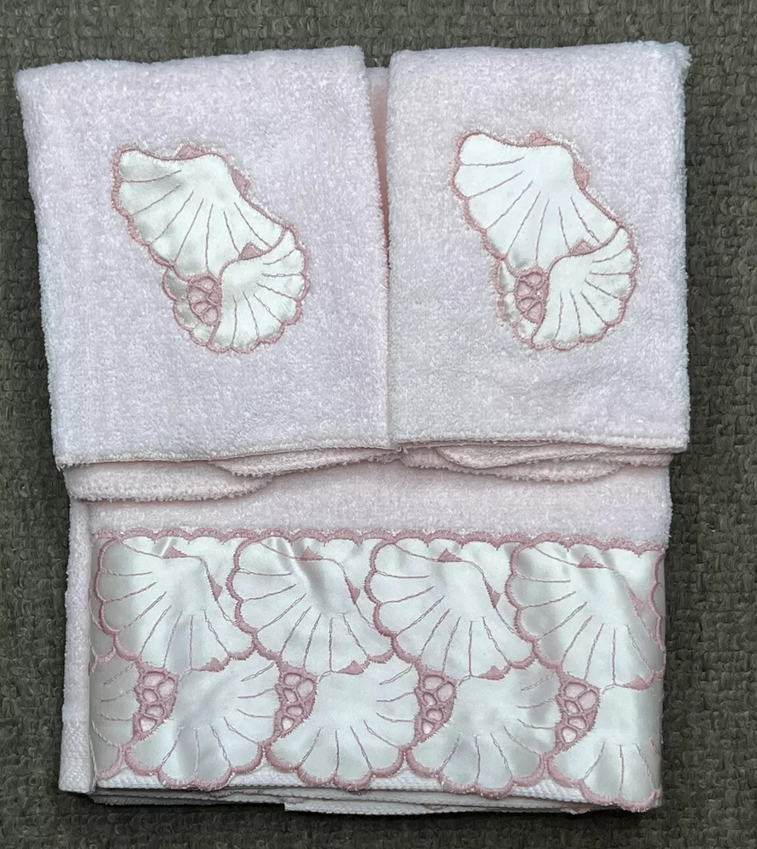 Vintage J.Abouchar Pink Seashell Towels Set 2 Washcloths 1 Bath Towel 43 X 25