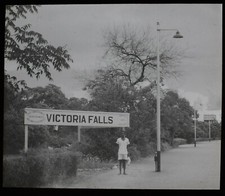 Magic Lantern Slide VICTORIA FALLS RAILWAY STATION SIGN C1949 VINTAGE ZAMBIA