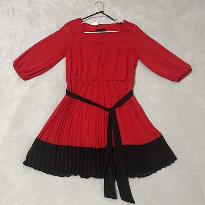 BCX Dress Womens Medium Red Black Faux-Wrap Flowy Pelted Flare 3/4 Sleeve