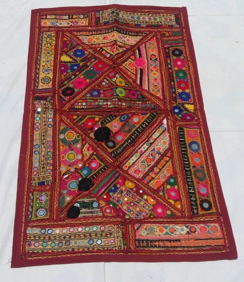 Tapisserie tribale patchwork Miroirs Bordeaux Broderie Tenture Fait Main Inde A - Photo 3/4