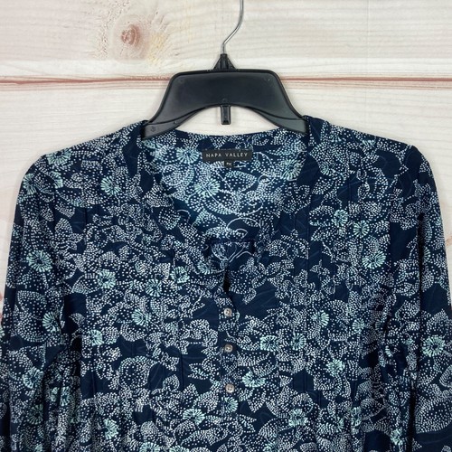 Napa Valley Top Womens PM Blue Floral Blouse Henley 3/4 Sleeve Knit Pullover - Picture 2 of 7