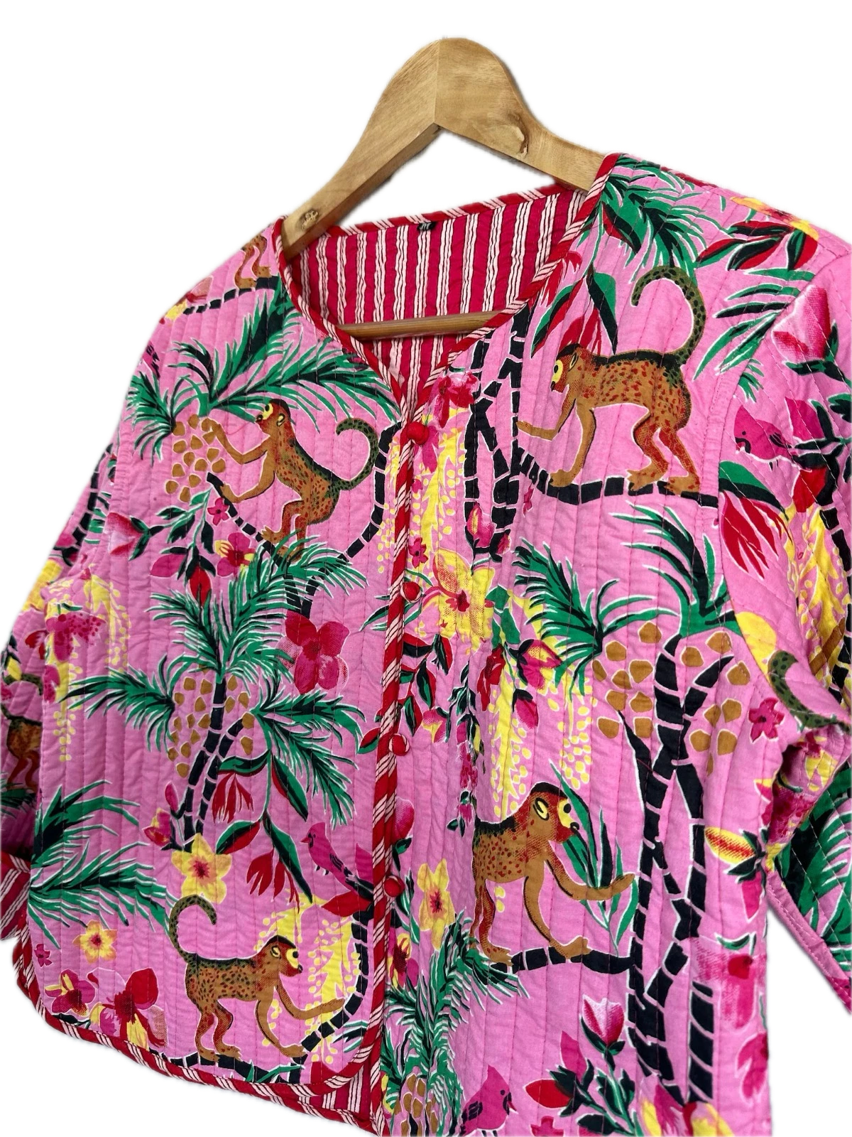 Indian Pink Monkey Print Cotton Quilted Unisex Jacket Women's Clothing Jacket AU