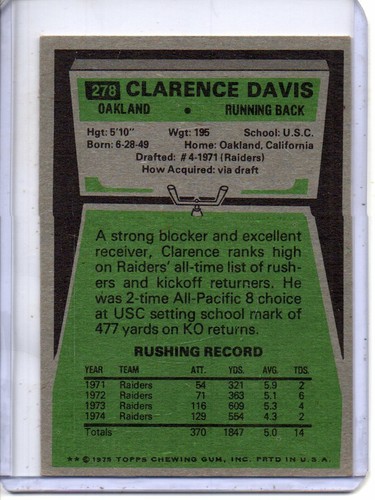 1975 TOPPS #278 CLARENCE DAVIS OAKLAND RAIDERS (ROOKIE CARD) - Picture 2 of 2