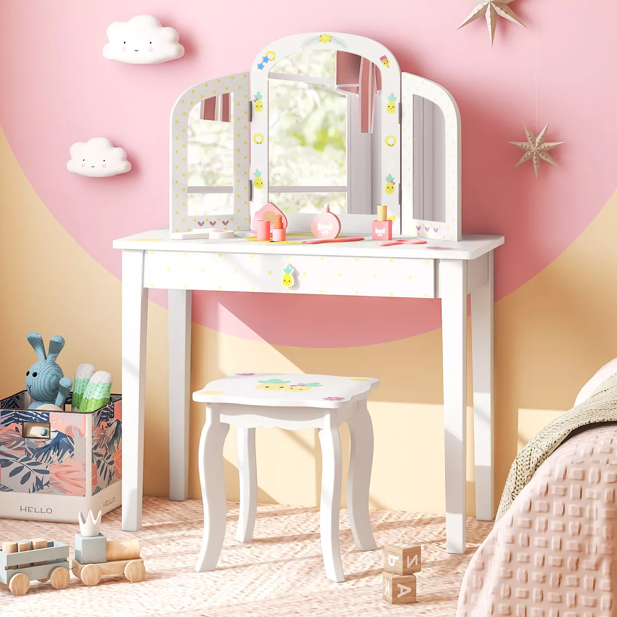 Kids Vanity Table Set Tri Folding Mirror Pretend Play Dressing Large Drawer