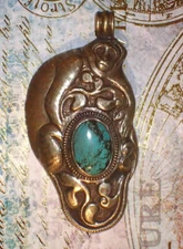 Monkey Pendant in Tibetan Repousse Silverwork with Turquoise