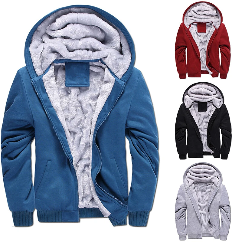 Men Thick Plush Warm Fleece Lined Hooded Hoodie Coat Jacket