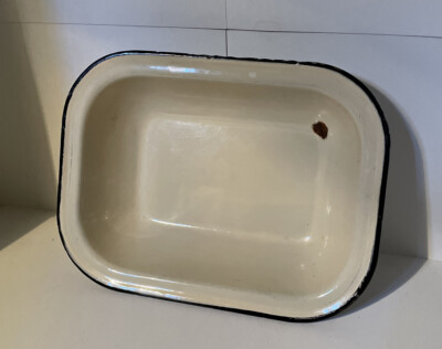 Vintage Enamelware Baking Pan Off White With Black Trim