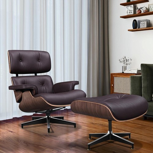 XL Walnut Brown Eams Lounge Chair and Ottoman Set Top Grain Leather Armchair - Picture 2 of 7