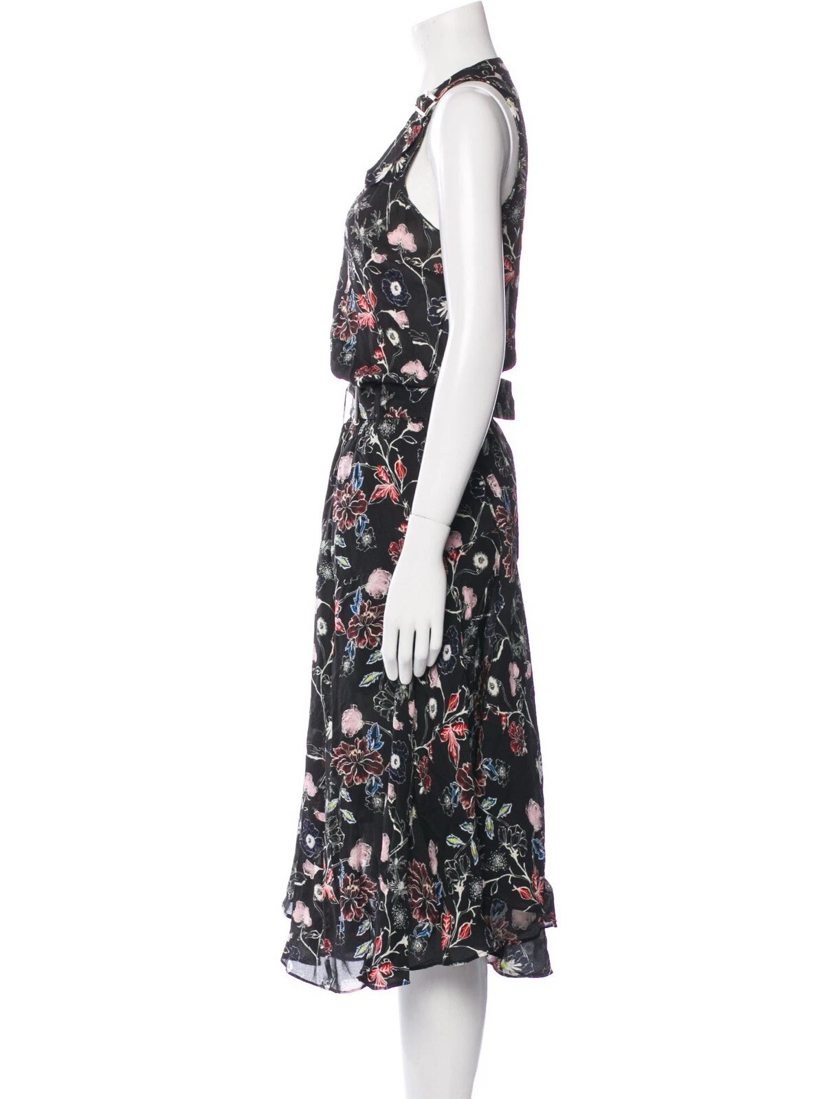 VALENTINO Abito midi A.L.C seta costello floreale senza maniche fibbia nero rosso bianco formale