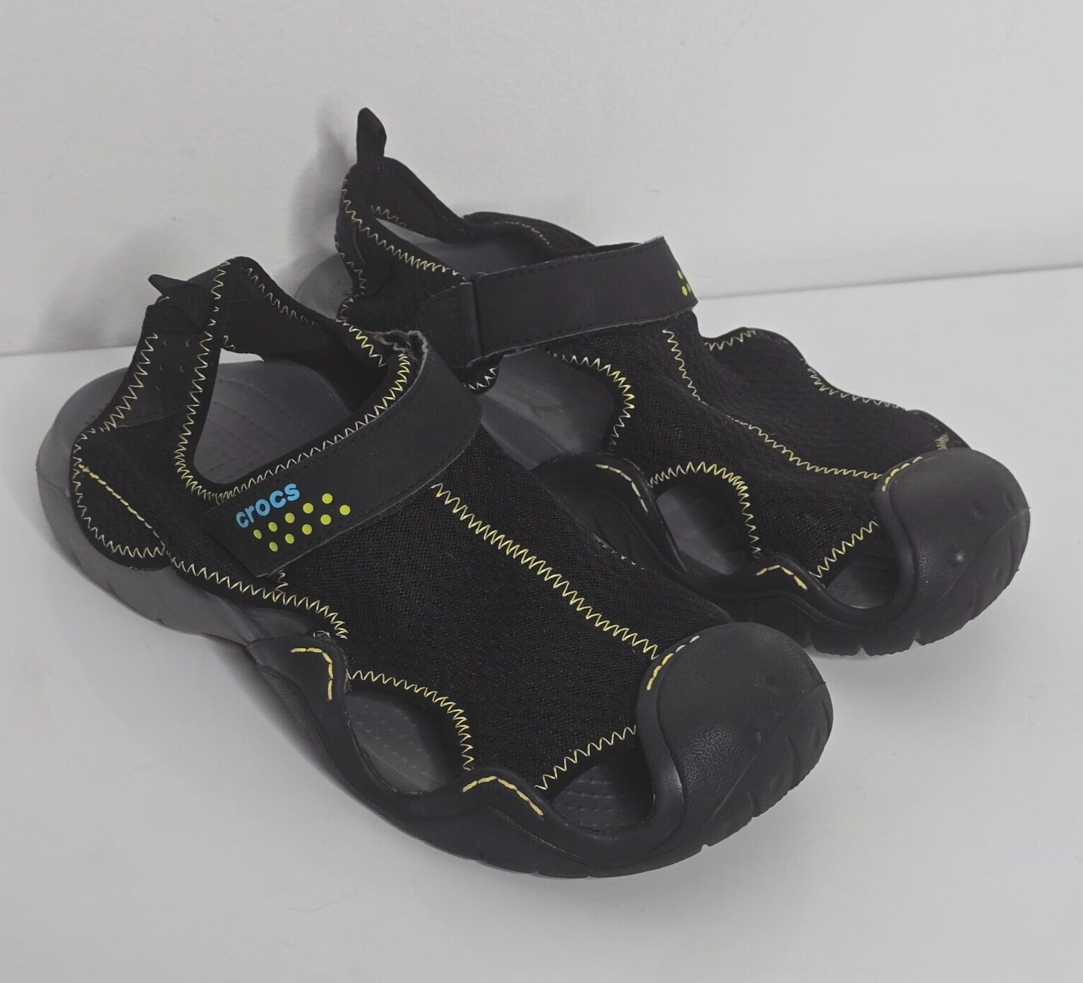 Crocs Swiftwater Sandals Sz 10 Deck Water Shoes Black Mesh Fisherman 15041 Mens