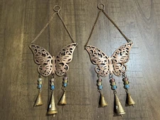 2 Metal Brass Tone Butterfly Acrylic Beads Bells Wind Chimes 16” Wall Decor VGC