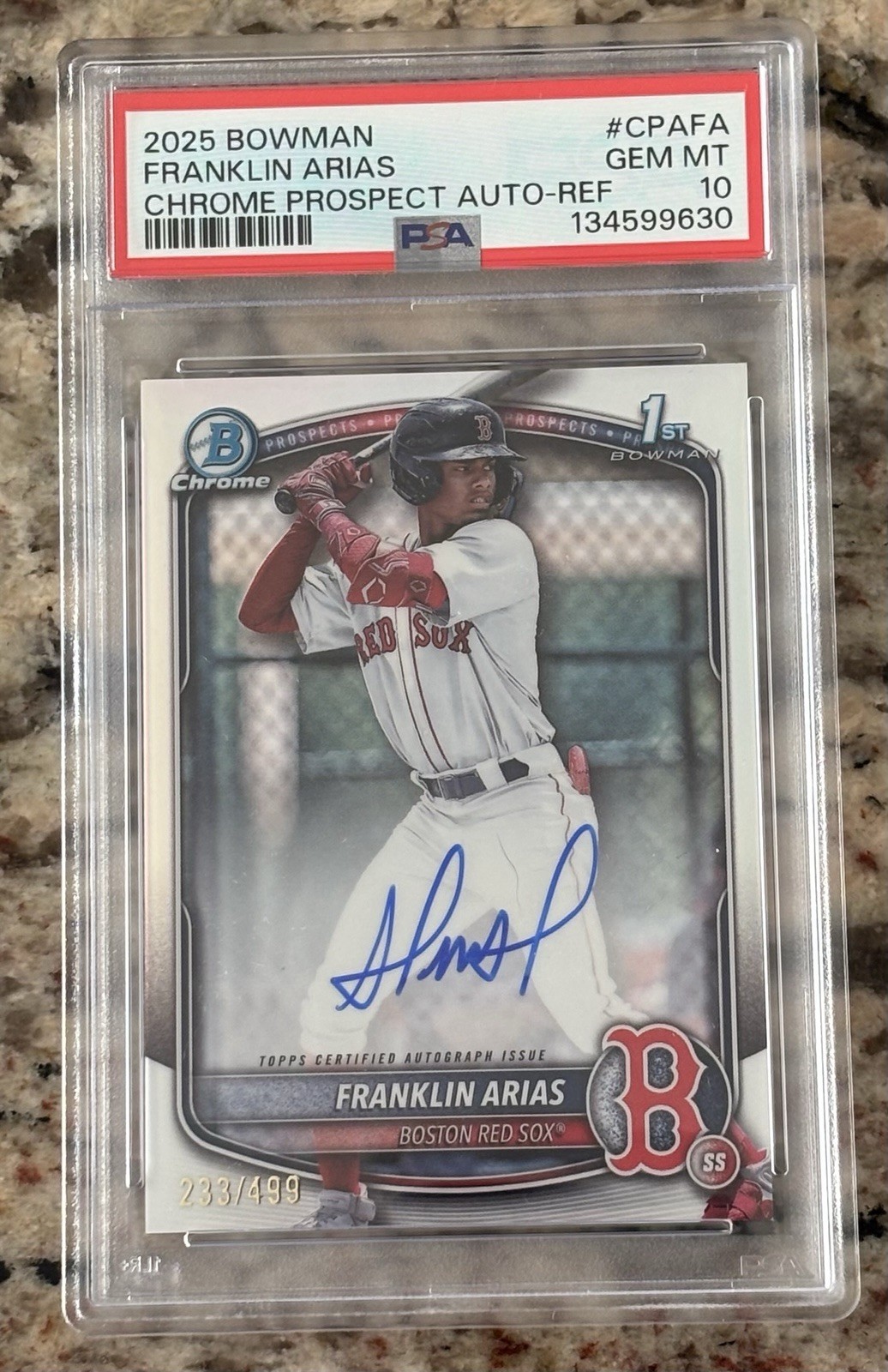 2025 Bowman Chrome FRANKLIN ARIAS 1st Bowman Refractor Auto /499 PSA-10 RED SOX