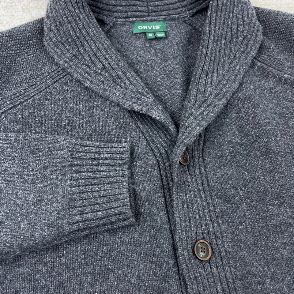 Orvis Cardigan Sweater Men Medium Gray Merino Wool Heavy Grandpa Shawl Neck - Image 4 of 4