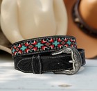 Beaded Western Belt Cowboy Rodeo Full Grain Leather Hand Tooled Removable Buckle