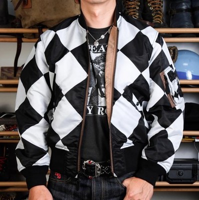 Simons Herren Reversible MA1 Bomberjacke Racing Checkerboard Motorcycle Jacket 