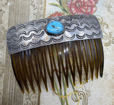 Vintage Sterling Silver  Turquoise Hair Comb with Hand-Stamped Design