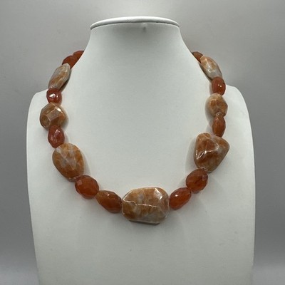 Orange Agate Nugget Bead Necklace 16.5  Peach Carnelian Polished Beads Sterling