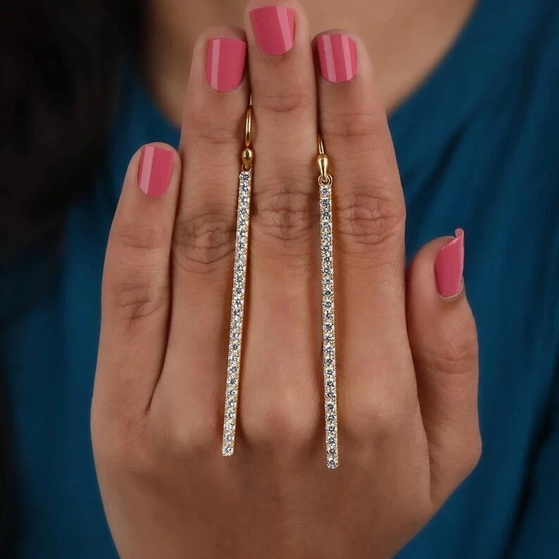 14K Yellow Gold Round 1Ct Lab Grown Diamond Hook Bar Shape Drop Dangle Earrings - Image 2 of 4