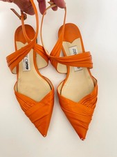 Jimmy Choo Basil Crossover Leather Slingback Flats Ruched Pointed Toe Orange 37