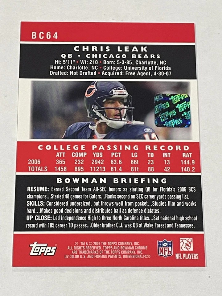2007 Bowman Chrome Football Rookie Auto - Chris Leak RC - Chicago Bears - Image 2 of 2