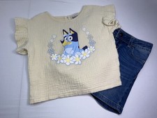 Bluey 5T Girls 2-Piece Graphic Muslin Short Sleeve Top Denim Shorts Outfit
