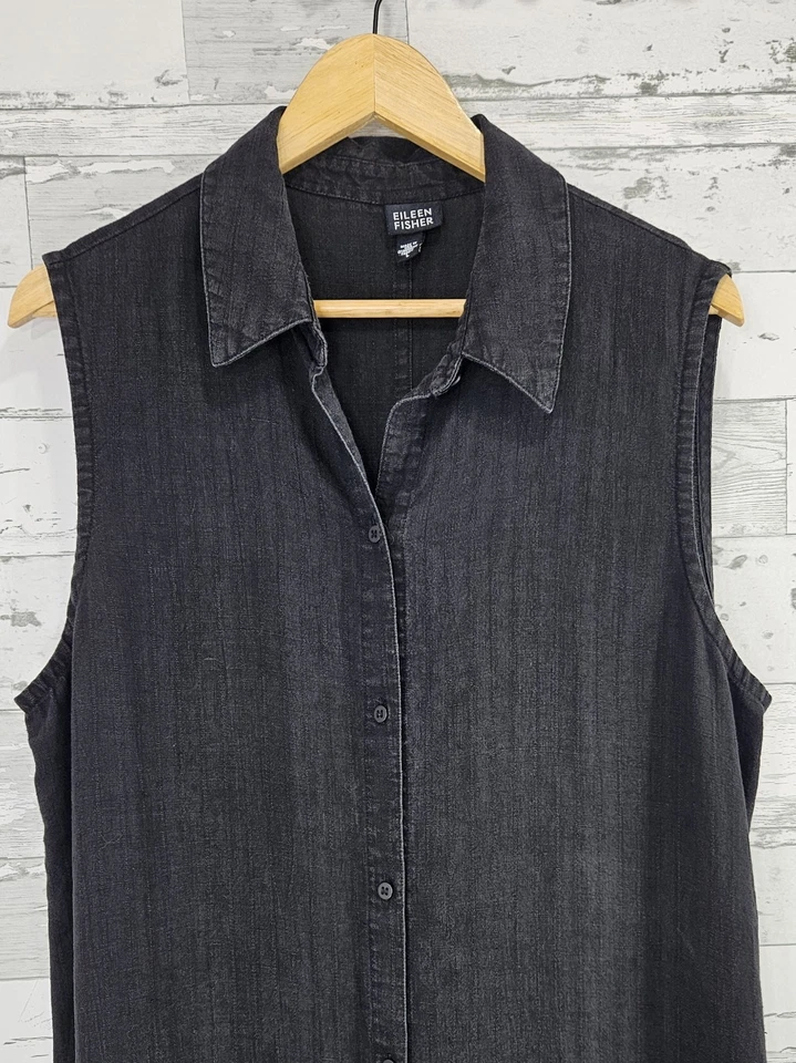 Maxi Camisa Vestido Eileen Fisher Sin Mangas Lino Negro Minimalista Mujer Grande Foto 2 de 4