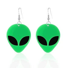 Acrylic Punk Green Alien Face Dangle Earrings Big Eye Space Aliens Statement Dro