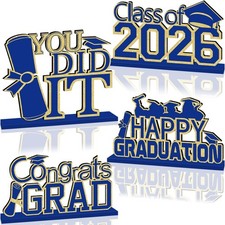 4Pcs Blue and Gold Graduation Decorations Class of 2026 Congrats Grad Wooden