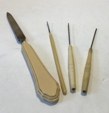 Antique Sewing Tools Set Crochet Hooks & Stiletto Awl c.1900 Embroidery