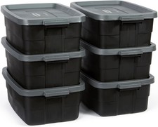 Set of 6 durable 10-gallon black plastic storage bins/carry cases with snap-on