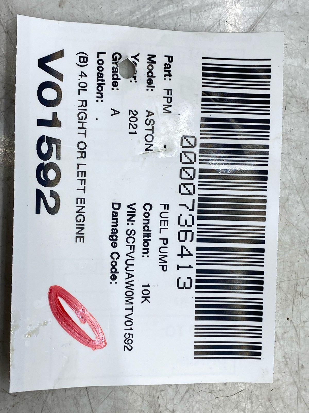 2020-2025 ASTON MARTIN DBX B 4.0 RH OR LH ENGINE MOUNTED HIGH PRESSURE FUEL PUMP