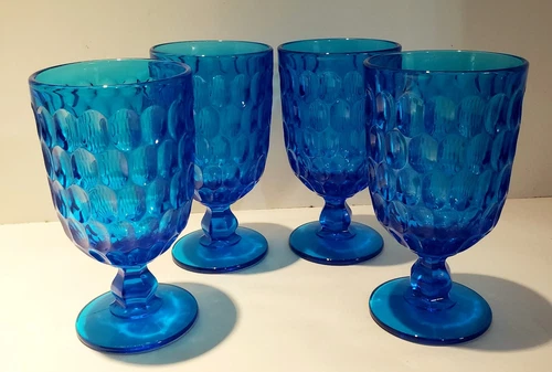 Fenton Colonial Thumbprint Blus Goblets Iced Tea Glasses 12 Ounces 6.5" Set Of 4