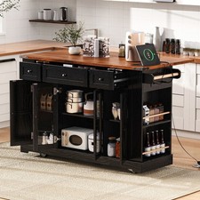 K&K 53'' Farmhouse Kitchen Island with Two Tempered Glass Cabinet Doors, Power