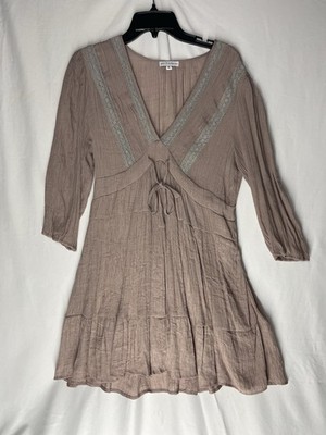 Baltic Born Xl Dusty Lavender V-Neck Long Sleeve Lace Tie Ruffle Mini Dress Boho