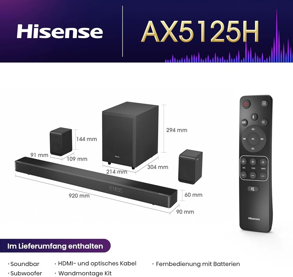 Hisense AX5125H 5.1.2 Soundbar mit Subwoofer, Dolby Atmos, 500 Watt, Schwarz NEU - Bild 4 von 4