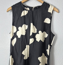 Theory Silk 6 Sleeveless Dress Nophella Black Cream Floral Asymmetrical Hem Midi