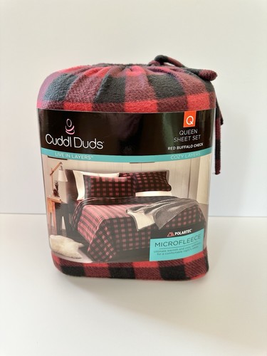 Cuddl Duds Red & Black Buffalo Check Microfleece Fleece QUEEN Sheet Set