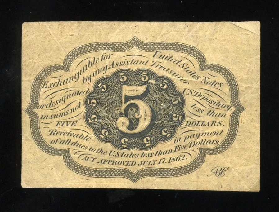 USA Fractional Currency 5 Cents 1st Issue 1862 w/ Monogram Fr-1230 - Image 2 of 2