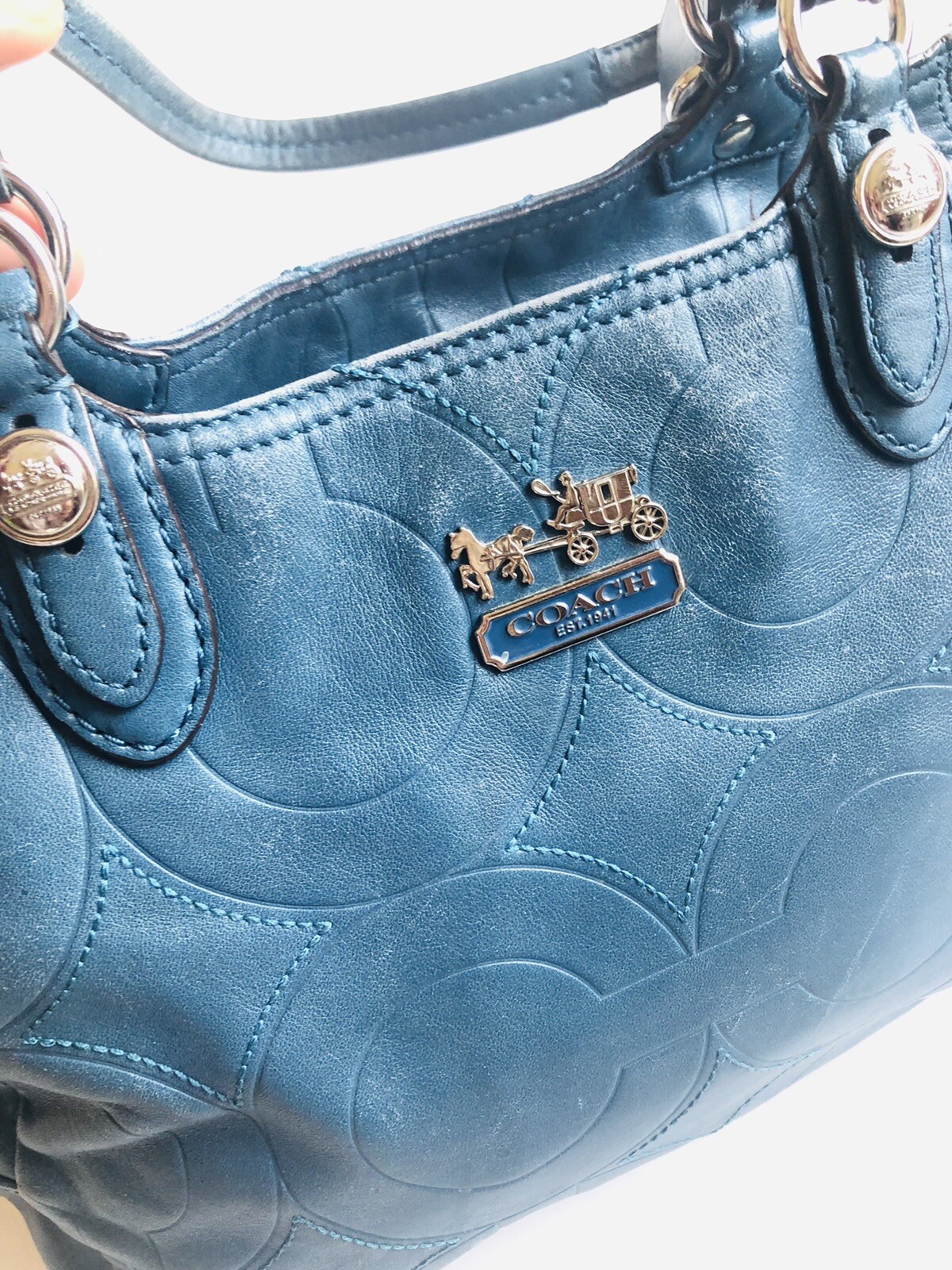Coach Mia Embossed Signature C Blue Leather Tote Shoulder Bag 