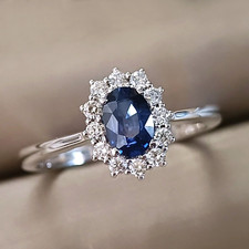 Anello fiore oro Bianco 18 kt  ZAFFIRO BLU naturale e DIAMANTI mod. Lady Diana