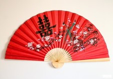 Large 60 35 in Oriental Wall Hanging Folding Fan Plum Flower bird Happiness