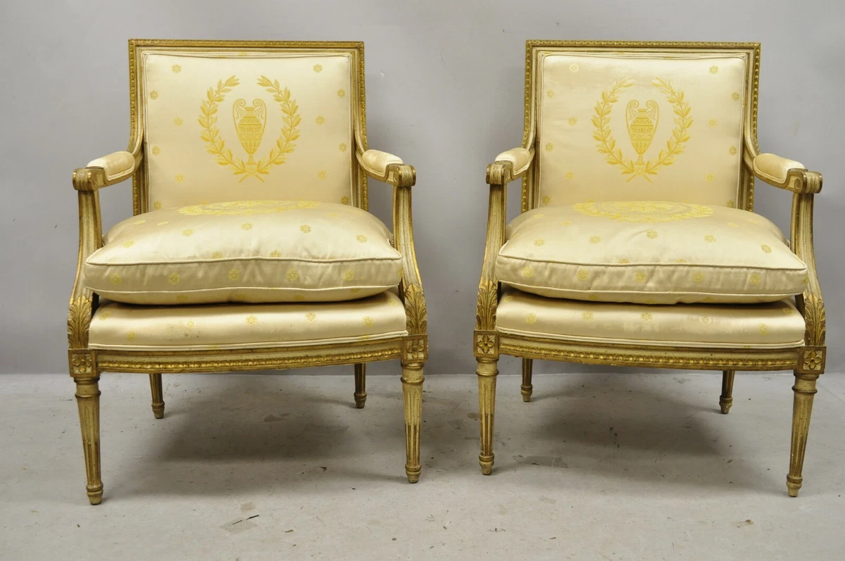 Antique Pair of French Louis XVI Style Arm Chairs Original Paint and  Giltwood